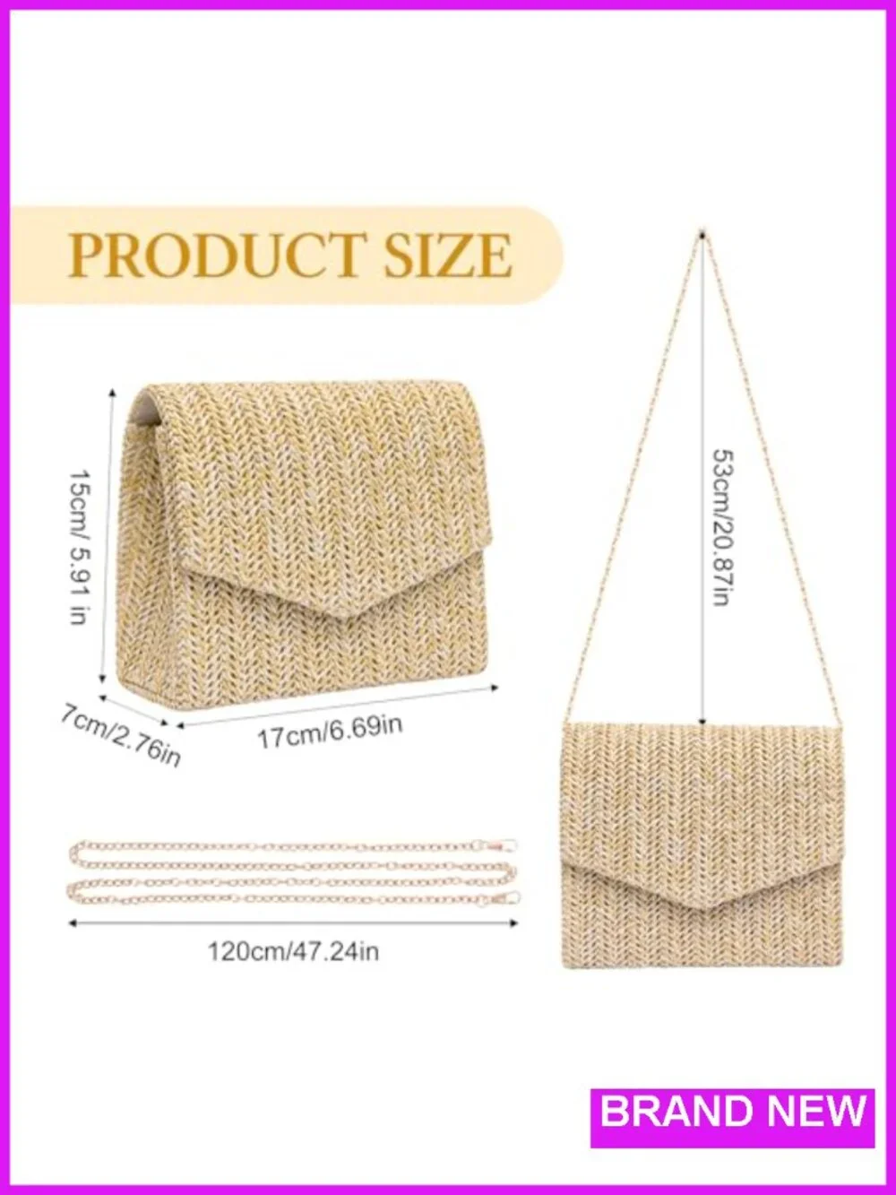 Straw Woven Clutch Purse with Detachable Chain, Bohemian Evening Handbag
